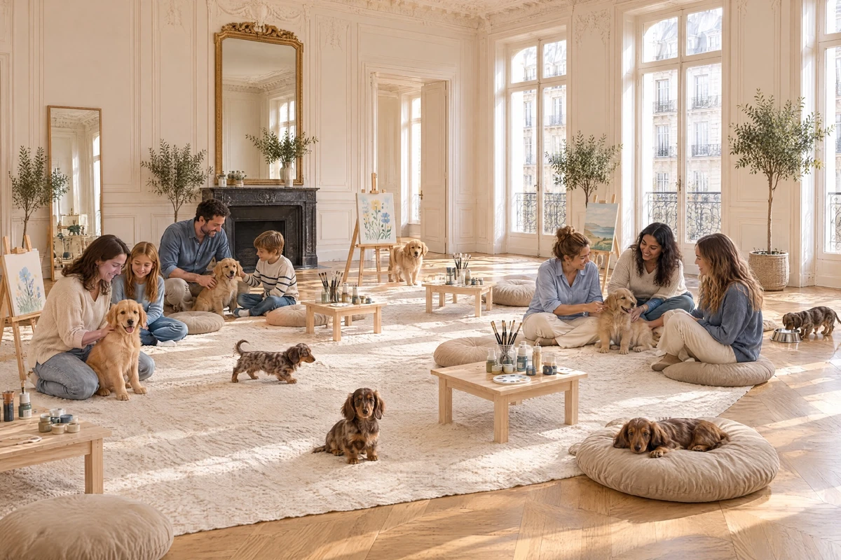 Visuel d’ambiance : des parents, leurs enfants et trois amies avec huit chiots dans un grand appartement lumineux aménagé pour un atelier peinture.